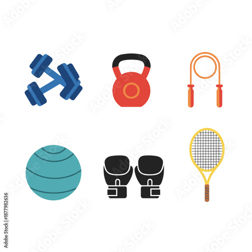 Fitness and sports equipment icons set with dumbbells kettlebell jump rope and tennis racket, healthy lifestyle and gym training concept elements
