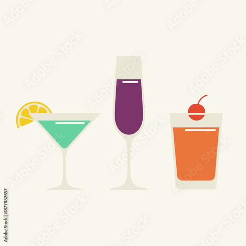 Minimalist flat vector illustration of three different cocktail glasses with lemon slice, cherry garnish and colorful drinks on beige background
