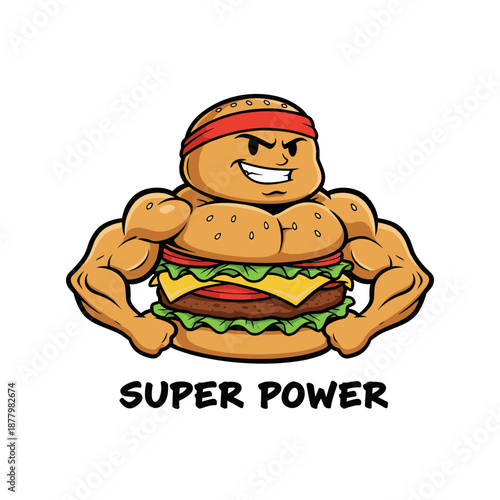 Strong bodybuilder hamburger character with muscular arms and headband showing superpower strength isolated on white background for fitness