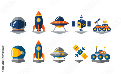 Collection of space exploration icons including astronaut helmet, rocket ship, ufo, satellite and moon rover in two different color palettes