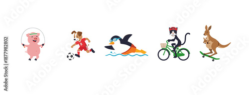 Collection of Cute Animals Doing Sports Activities Including Skipping Pig Soccer Dog Swimming Penguin Cycling Cat and Skateboarding Kangaroo