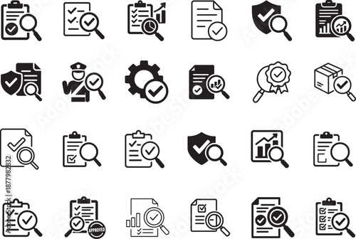   Two tone inspection icon set with quality control, security verified, auditing and analysis. Editable stroke vector.