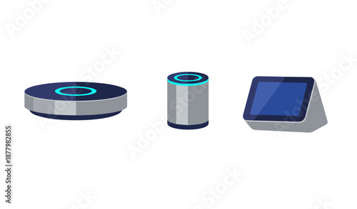 Set of Modern Smart Home Voice Assistant Devices Including Smart Speaker with Light Ring and Smart Display Screen for Connected House Technology
