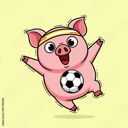 Cute Cartoon Pig Playing Soccer with a Ball Mascot Character Illustration Vector Style Isolated on Yellow Background for Sports Branding Design
