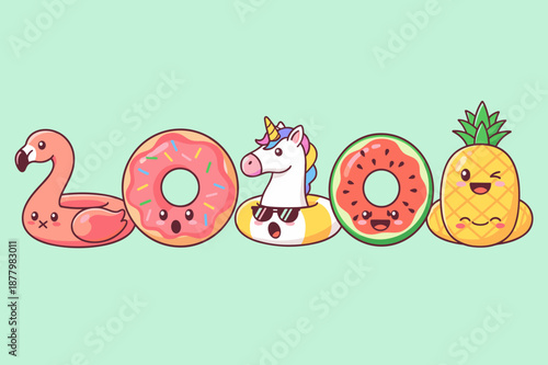 Cute Summer Pool Floats Collection with Pink Flamingo Donut Unicorn Watermelon and Pineapple Inflatables in Kawaii Style for Vacation Design