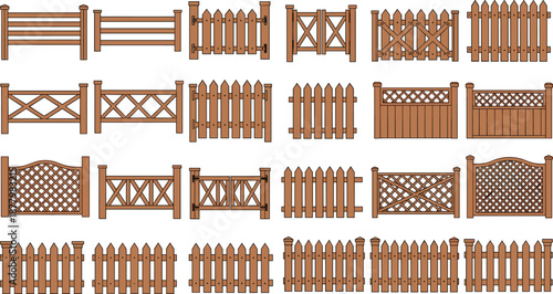 Wooden fence and gate collection illustration featuring various garden fence styles, perfect for landscaping design, outdoor decor concepts, construction graphics, and property boundary visuals