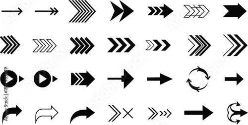 Arrow icons set collection showing direction, navigation, play, reload and pointer symbols, minimalist black vector arrows for web, interface, infographic design