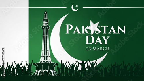 Pakistan Day Celebration with Minar-e-Pakistan Monument and Crescent Moon on 23 March