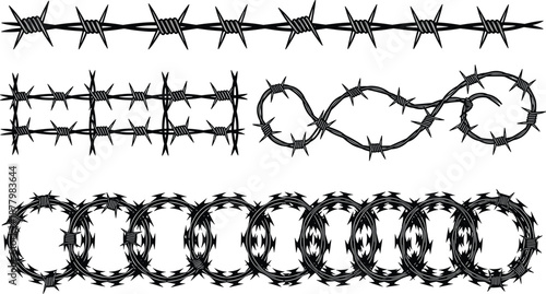 Black barbed wire elements set with straight and circular shapes isolated on white background for security borders, danger warnings, fences, and industrial design concepts
