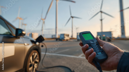 Logistics worker using energy meter at EV charging station wind farm.