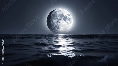 A serene moonlit ocean scene with a bright moon rising over calm waters at dusk from a distant viewpoint in a peaceful environment