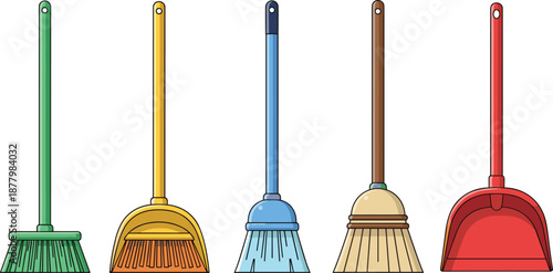 Colorful household cleaning tools set including brooms, brushes, and dustpan isolated on white background, flat design illustration for domestic hygiene concepts