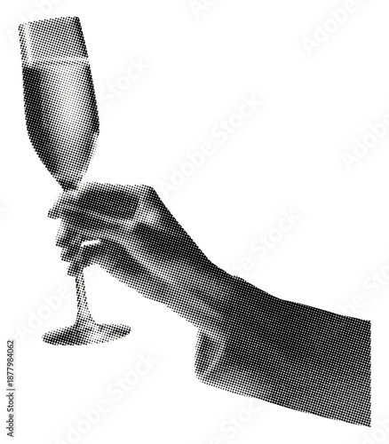 female hand elegantly holding champagne flute isolated retro halftone vintage dots texture cut-out collage element for mixed media design