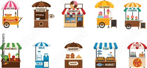 Colorful street market stalls and food carts set with bakery, coffee, pizza, vegetables, milk, fish, flowers, donuts, and ice cream illustration isolated on white background