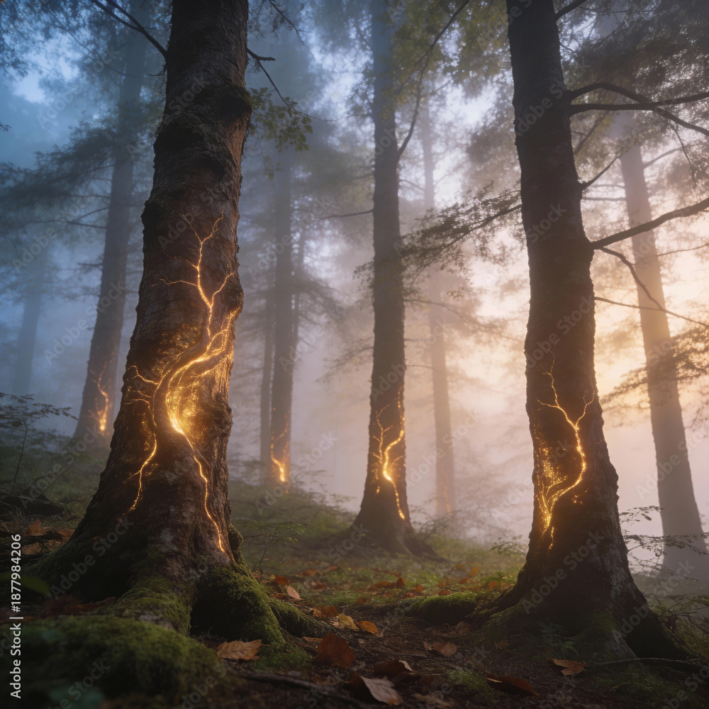 Obraz premium Mystical Fantasy Forest with Glowing Energy Veins in Trees