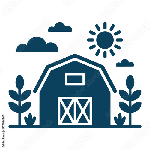 Farm Barn with Sun and Plants Silhouette Design
