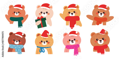 cute set of cartoon bear with Santa hat and scarf for Christmas and winter sticker