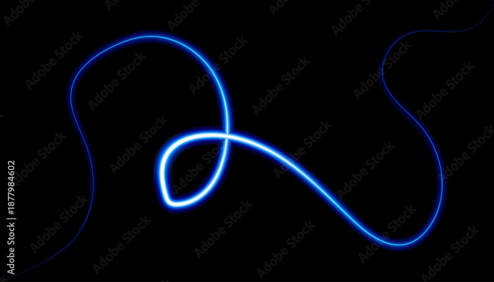 Obraz premium Glowing blue neon light trail curve on black
