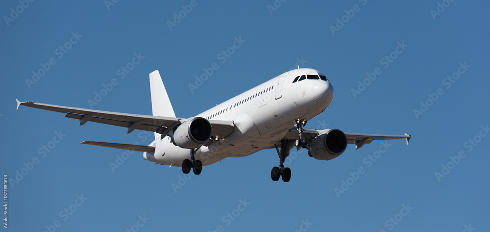 Obraz premium The plane lands.Airplane, passengers flying in the blue sky, preparing to land at the airport 