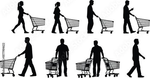 PrintCollection Of People With Shopping Carts Silhouette Vector Illustration Set With Men And Women Pushing Trolleys In Supermarket For Retail Commerce And Grocery Design