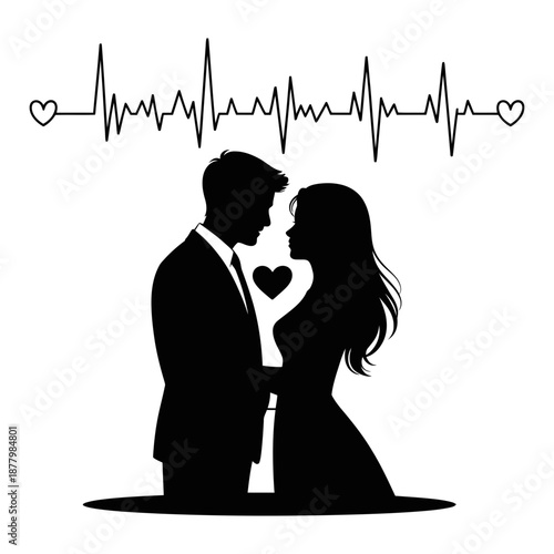 Romantic silhouette of a couple showing their deep connection with a heartbeat line