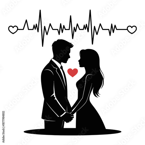 A romantic silhouette of a loving couple with a heartbeat line and hearts, symbolizing eternal connection