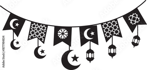 Islamic ramadan decorations with crescent moon and lanterns hanging on a string  Muslim festival bunting