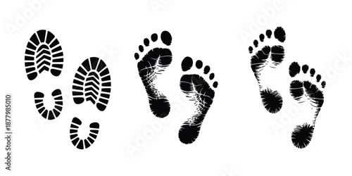 Human foot and shoe print icons set, isolated vector illustration