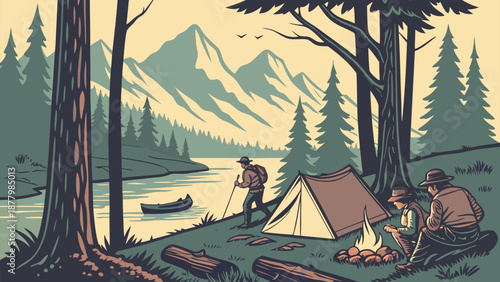 Serene camping scene by tranquil lake with majestic mountains in background