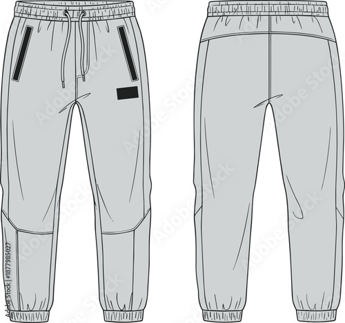 PrintMen Jogger Sweatpants Technical Fashion Illustration Drawing Vector Flat Sketch Template with Drawstring Elastic Waistband and Zipper Pockets for Activewear Design Tech Pack