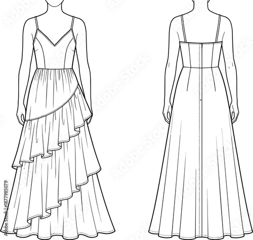 PrintFashion technical sketch of a sleeveless v-neck maxi dress with spaghetti straps and asymmetrical tiered ruffle skirt details for apparel design and pattern making