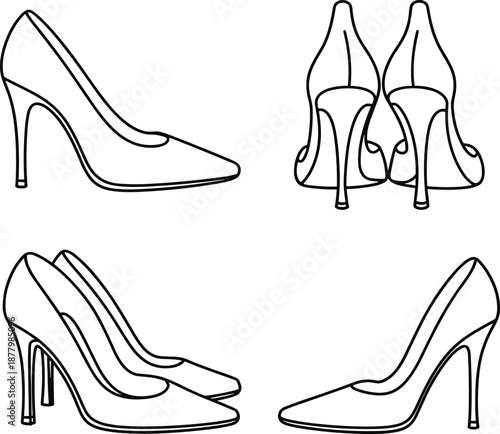 PrintWomen Elegant High Heel Pumps Technical Fashion Illustration Drawing Vector Flat Sketch Template With Stiletto Heels And Pointed Toe For Footwear Design And Tech Pack