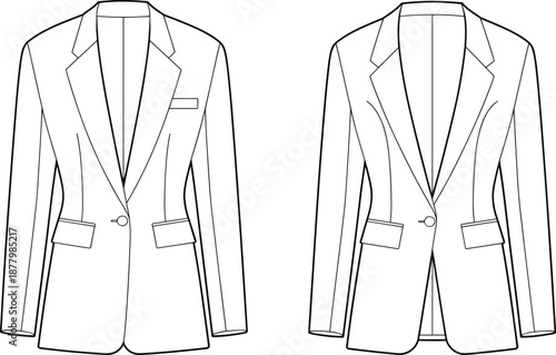 PrintWomen Single Breasted Tailored Blazer Jacket Technical Fashion Illustration Drawing Vector Flat Sketch Template With Notch Lapel And Flap Pockets For Apparel Design Tech Pack