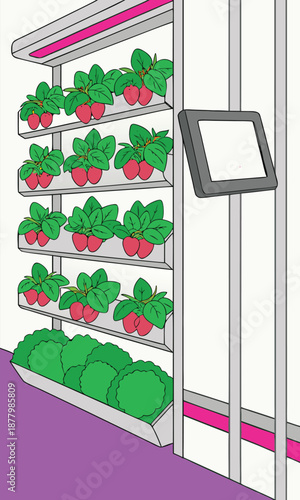 Vertical farming system with strawberries and lettuce, indoor hydroponic garden with touchscreen control panel.