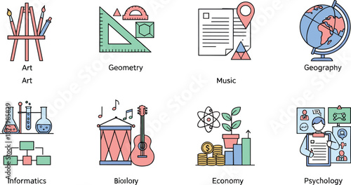 Education Subjects Icons Vector Illustration Set Featuring Art, Geometry, Music, Geography, Biology, Informatics, Economy, and Psychology Symbols for School, Learning, and Academic Designs
