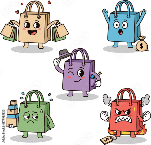A vibrant collection of expressive cartoon shopping bags, each depicting a unique emotion like joy, surprise, sadness, and anger, reflecting the diverse consumer experience and retail feelings