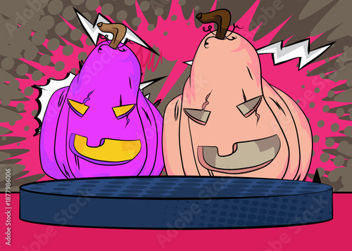 Comic Book Product podium stage for mockup presentation with Jack-O-Lantern, Halloween Pumpkin. Retro comics background.