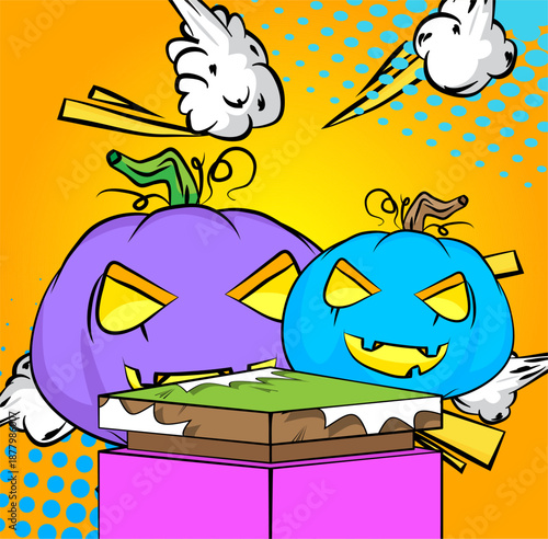 Comic Book Product podium stage for mockup presentation with Jack-O-Lantern, Halloween Pumpkin. Retro comics background.