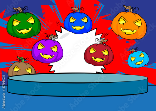Comic Book Product podium stage for mockup presentation with Jack-O-Lantern, Halloween Pumpkin. Retro comics background.
