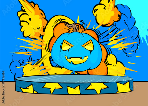 Comic Book Product podium stage for mockup presentation with Jack-O-Lantern, Halloween Pumpkin. Retro comics background.