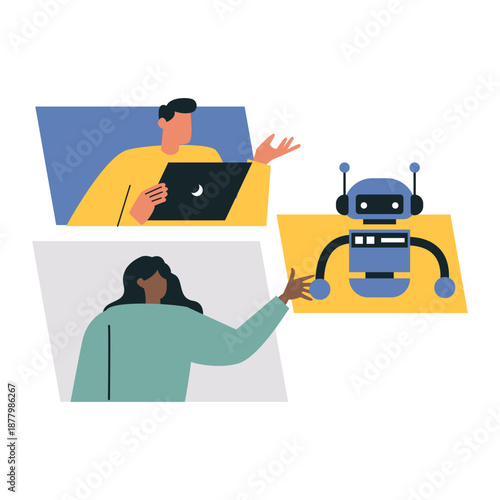People working and communicating with AI assistants and smart robots concept.
