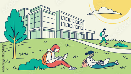 Students studying on laptops in modern campus setting on sunny day