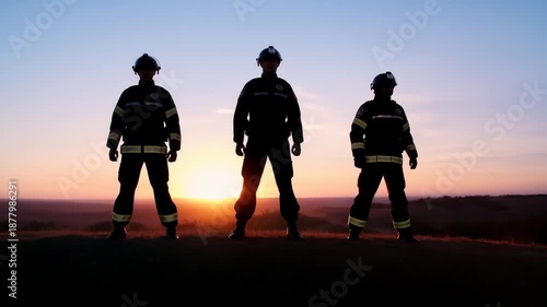 Emergency responders silhouettes standing on elevated ground against sunrise sky