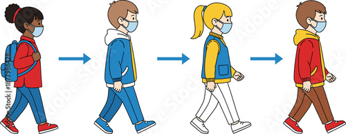 School Children Walking Safely Vector Illustration Set Featuring Kids Wearing Face Masks and Backpacks in Step by Step Sequence for Health, Education, and Safety Awareness Designs