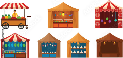 Market Stall and Festival Booth Vector Illustration Set Featuring Street Vendor Carts, Fair Tents, Bazaar Shops, and Decorative Canopy Stalls for Event, Retail, and Outdoor Market Designs