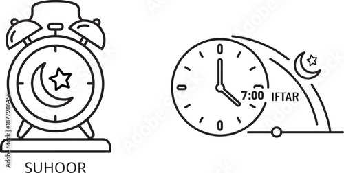 Ramadan Suhoor and Iftar Time Schedule Line Icon Set, Islamic Fasting Meal Symbols with Alarm Clock and Crescent Moon