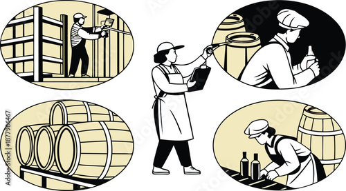 Vintage brewery workers crafting artisanal beer in traditional cellar