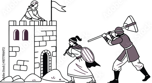 Medieval man fights for woman in distress near castle tower