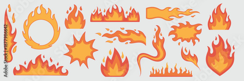 Fire flames and hot fireball vector set, danger wildfire, campfire, and bonfire elements, burning effects, fire frames and flaming borders isolated, dramatic heat, energy, hazard, and safety concept