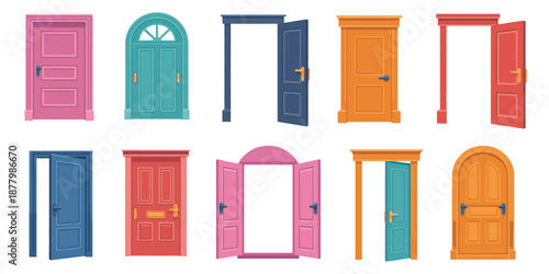 Open and closed door collection, cartoon entrance and exit doors with handles and frames, home exterior architecture concept, vector set for real estate, interior design, and home illustration